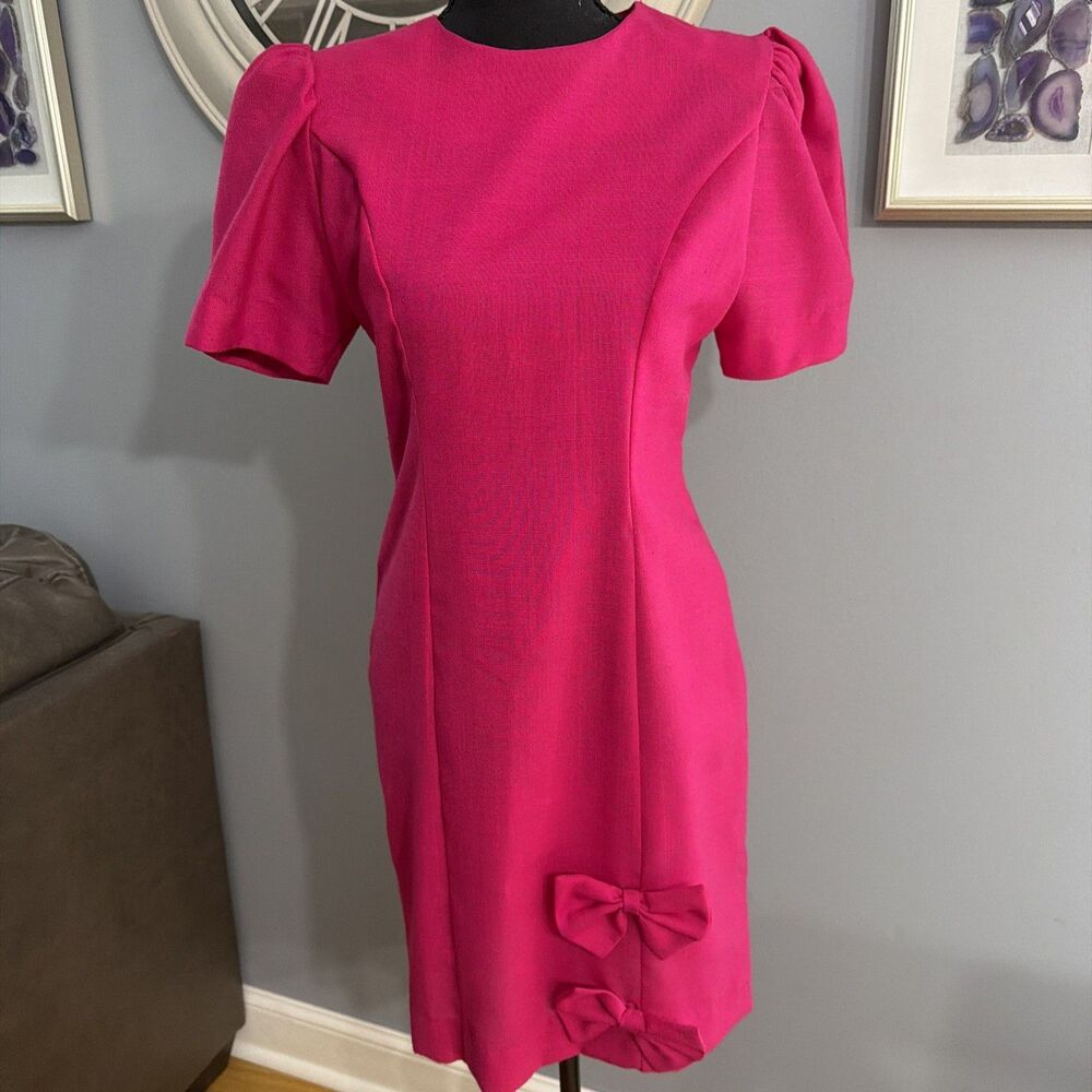 Vintage Hot Pink Dress Size 12 Petite Bows 1980S 1990S